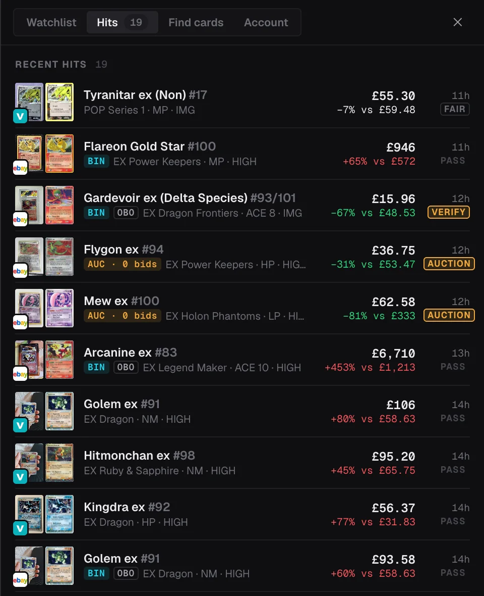 Recent hits: watched cards that were listed, each with its price, how it compares to fair value and its signal